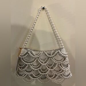 Elegant Silver Beaded Shoulder Bag with Pearl Strap- Bridal